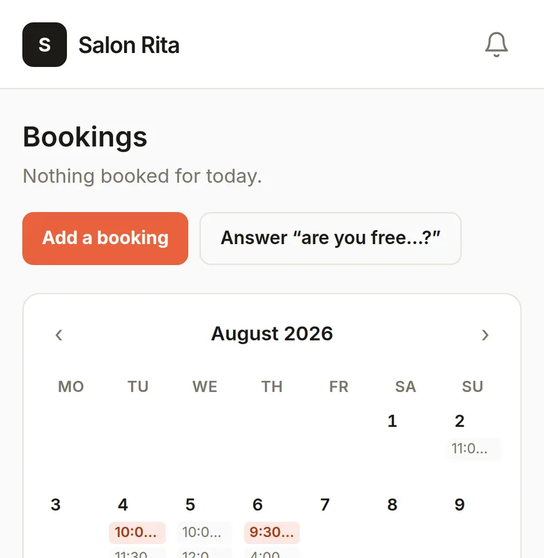 The salon’s own diary: the month with every booking in it, and a button that answers “are you free…?”