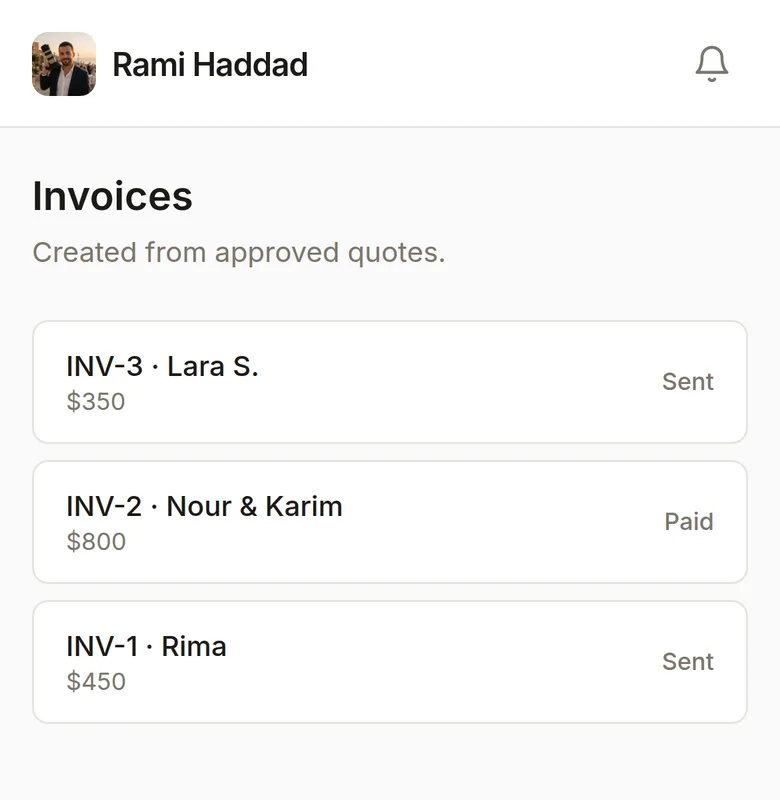 The photographer’s invoice list: who paid and who hasn’t, at a glance.