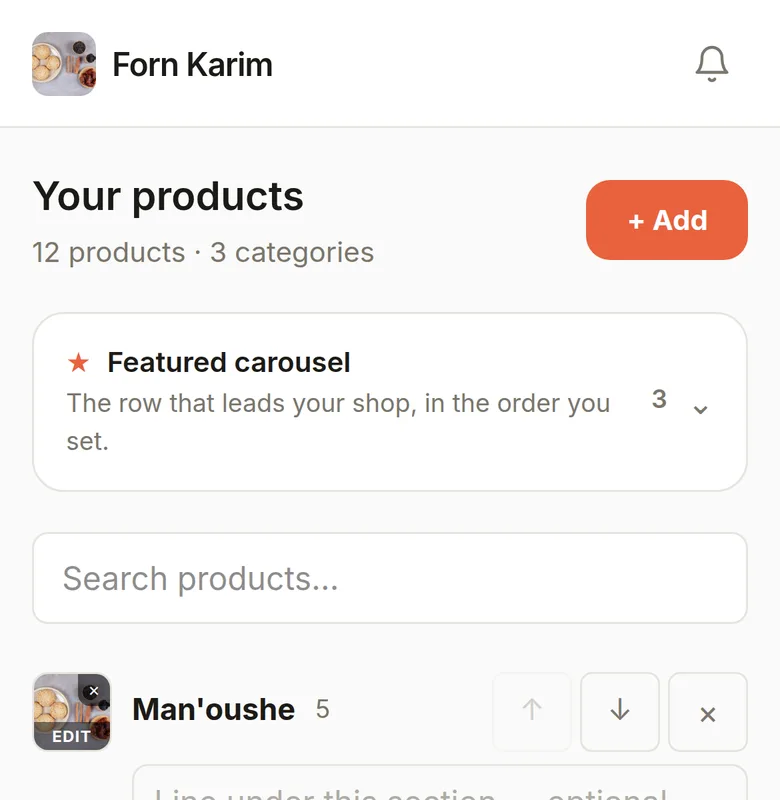 The restaurant’s products screen: every item and price, edited in seconds.